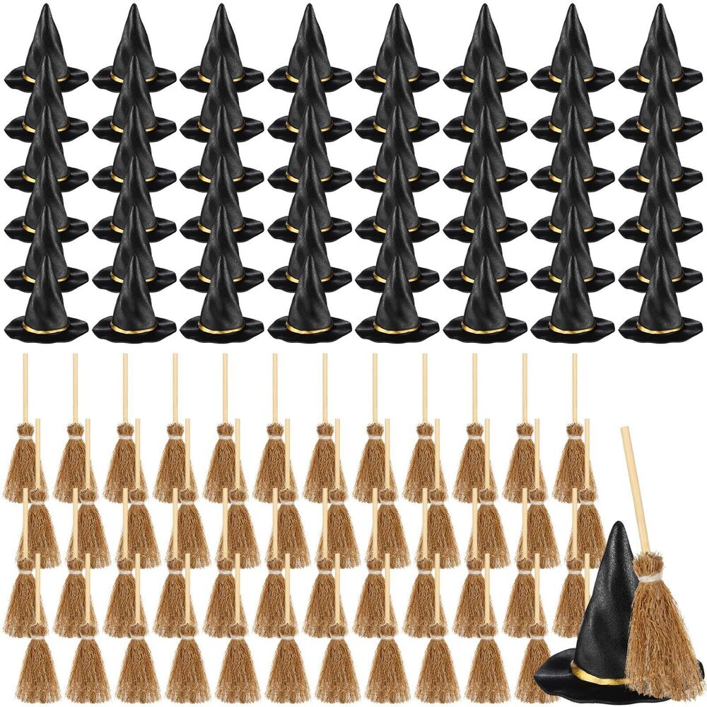 9928 96 Pcs Mini Witch Hats and Broom for Crafts Halloween Wizard